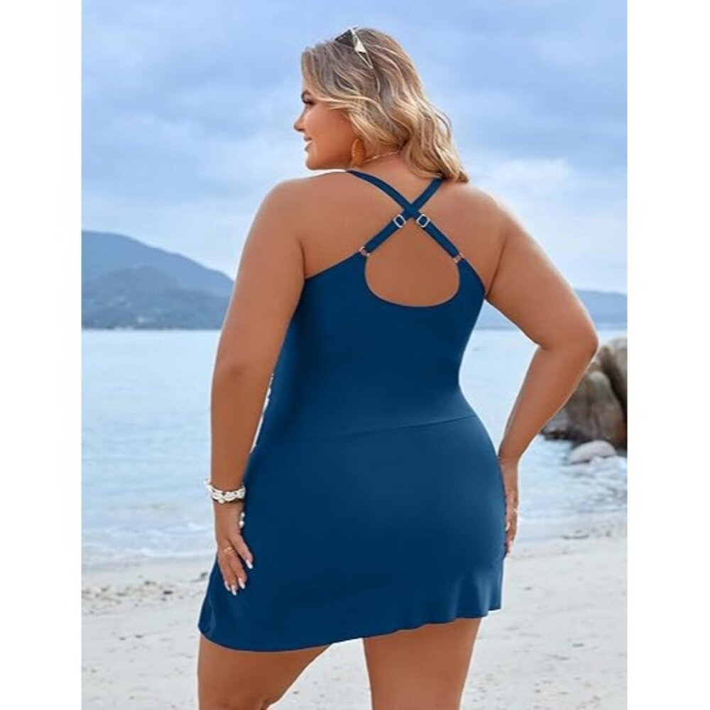 Blooming Jelly Plus Size 4XL One-Piece Swimsuit Ruched Blue Adjustable Back - Picture 3 of 7